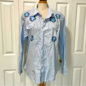 Light Blue Floral Embroidered 100% Cotton Button-Up Shirt
